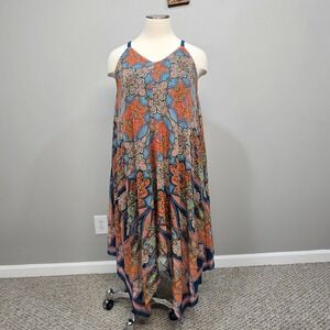 Womens Maxi Mesh Dress XL Floral Whimsigoth Boho Asymmetrical Handkerchief Hem